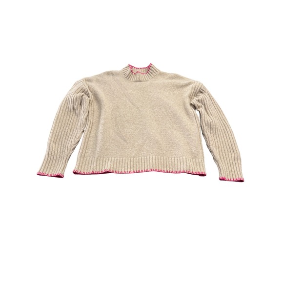 Joie Sweaters - Joie Womens XL Beige Pink Whipstitch Mock Neck Ribbed Sleeve Knit Sweater
